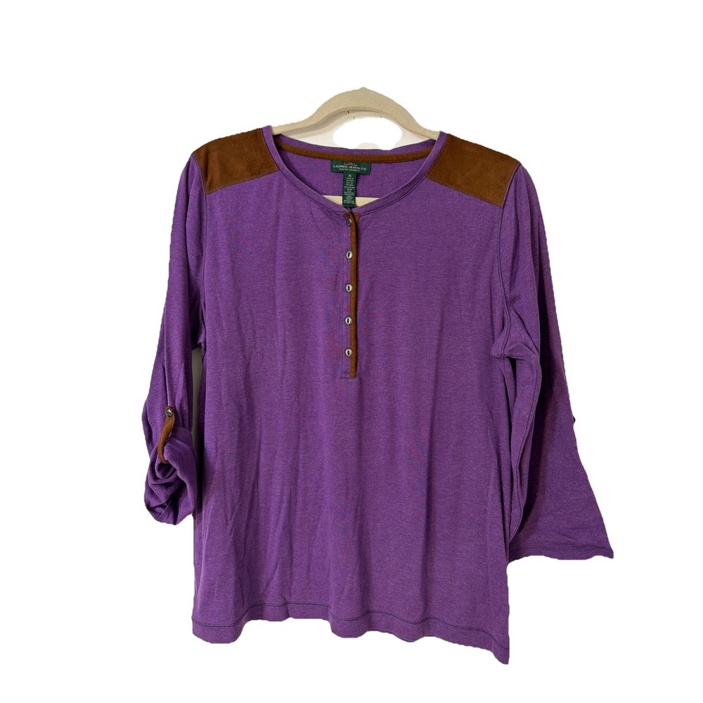 Lauren Ralph Lauren Womens Henley Top Sz XL Purple Faux Leather Equestrian Boho‎